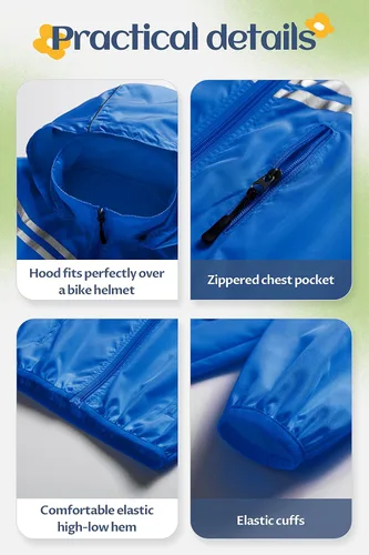 Vista 6 de CREATMO US Chaqueta de lluvia reflectante para niños y niñas, rompevientos ligera e impermeable con capucha extraíble