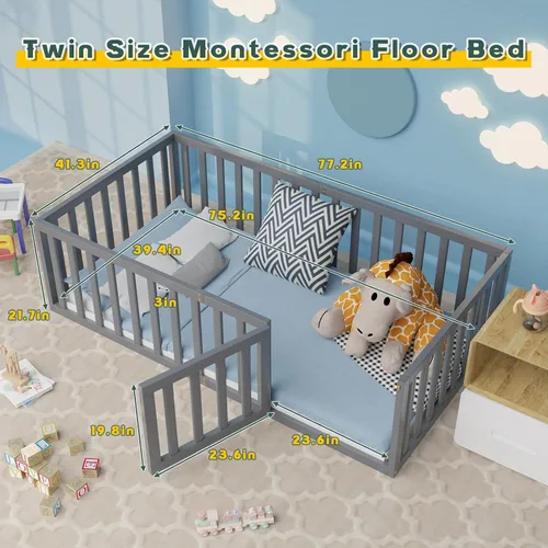 Vista 7 de Zevemomo Cama de suelo tamaño individual para niños y niños, cama de piso Montessori individual con barandillas de seguridad y puerta, cama de piso