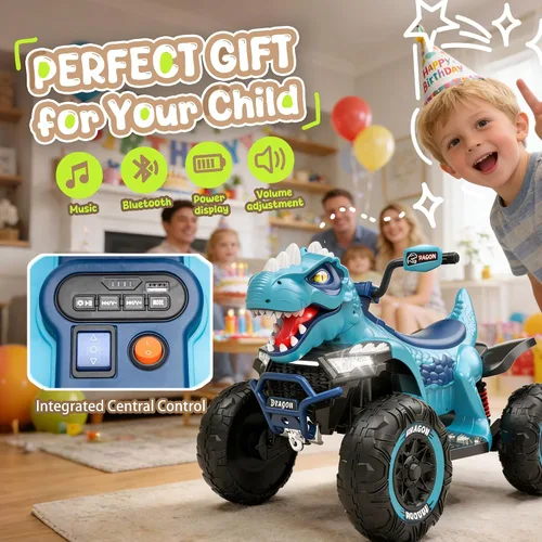 Vista 7 de ATV de dinosaurio de 24 V, motor de potencia de 200 W x 2, ruedas grandes, juguete de 2 plazas con control parental, suspensión de 4 ruedas, luces