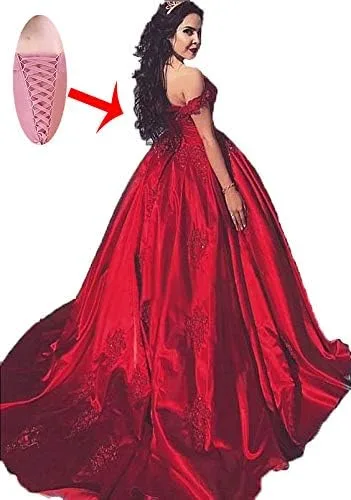 Vista 2 de Meicuhap Women's Off Shoulder lace Applique Prom Dress Satin Quinceanera Ball Gowns for Sweet 15 16