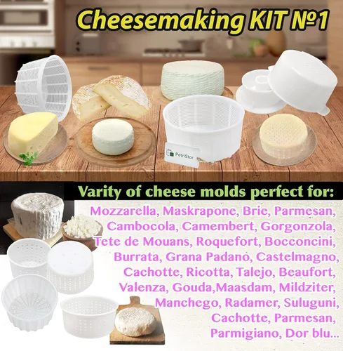 Vista 3 de PetriStor Kit de 7 piezas para hacer quesos para principiantes №1 – Moldes de queso suave + molde de queso con un pistón seguidor – Suministros