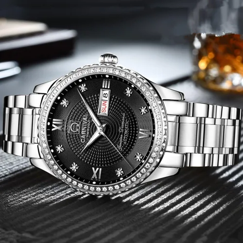 Vista 3 de MASTOP Relojes automáticos de lujo para hombre, reloj de pulsera de acero inoxidable dorado y plateado