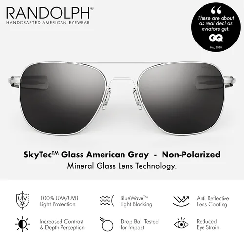 Vista 2 de Randolph USA - Lentes de sol de aviador para hombre o mujer, cromo mate, clásicos, polarizados y no polarizados con protección UV