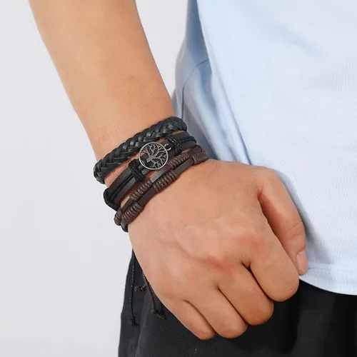 Vista 6 de FIRAZIO Juego de 27 pulseras de cuero trenzado para hombres y mujeres, pulseras de cuentas de madera, cuerdas de cáñamo, étnicas tribales hechas a