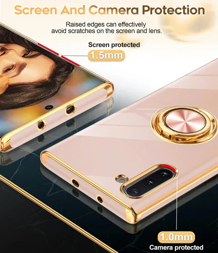 Vista 4 de LeYi Funda para Note 10 - Soporte de anillo giratorio de 360°, soporte magnético, funda protectora con borde de oro rosa chapado