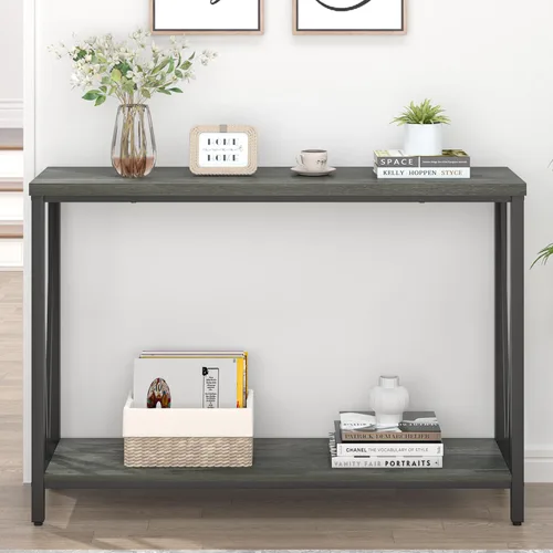 Vista 7 de EXCEFUR Mesa de entrada, sofá de madera rústica con almacenamiento, mesa de pasillo moderna para sala de estar, color gris