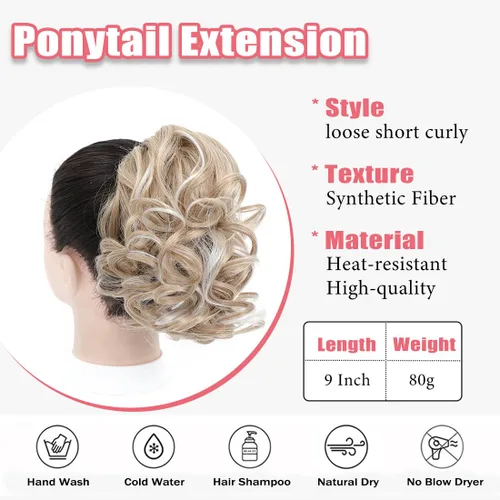 Vista 5 de Extensión de cola de caballo, extensiones de cabello suelto corto rizado con cola de caballo de 9 pulgadas, extensiones de cabello ondulado