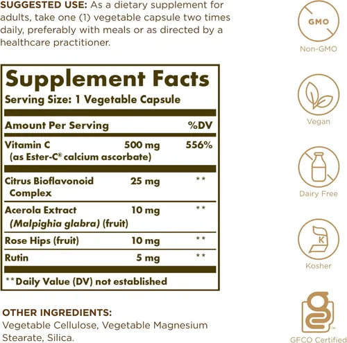 Vista 2 de Solgar Ester-C Plus 500 mg de vitamina C (complejo de ascorbato) – 50 cápsulas vegetales – Suave y no ácido – Antioxidante y apoyo inmunológico