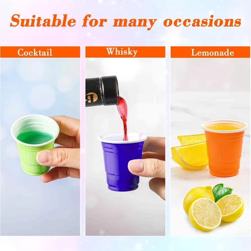 Vista 4 de Mimorou Paquete de 600 vasos de chupito de plástico de 2 onzas, vasos desechables de plástico, mini tazas multicolor para barbacoa, fiesta