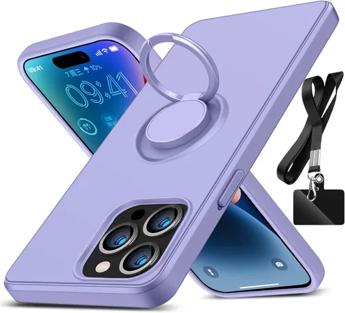 Vista 8 de Funda para iPhone 14 Pro Max, con soporte de anillo giratorio de 360° y correa de silicona líquida, delgada, antiarañazos, a prueba de golpes, funda