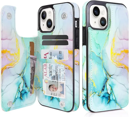 Vista 20 de uCOLOR - Funda tipo cartera para iPhone 15 con tarjetero y diseño de lunares con leche de almendra Bloqueo RFID de piel sintética para mujeres