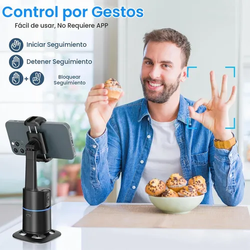 Vista 2 de Trípode para selfie stick de seguimiento facial automático para iPhone, trípode giratorio automático de 360°, control de gestos, no requiere
