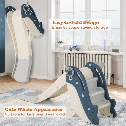 Vista 5 de BABY JOY Tobogán plegable para niños pequeños, juego independiente de escalador para bebés con aro de baloncesto, juego de tobogán para niños