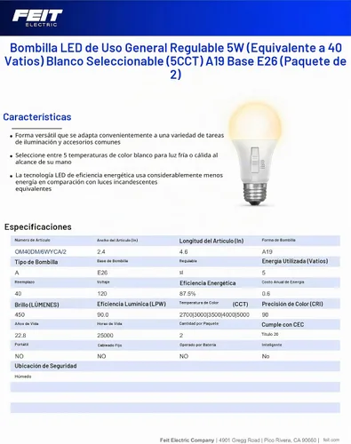 Vista 8 de Feit Electric Bombillas LED de 6 vías - A19 regulable 5CCT - Paquete de 2