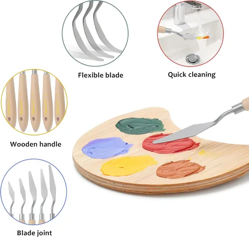 Vista 3 de Herramientas de arte de cuchillo de paleta de 5 piezas con mango de cuchillo de madera Material para pintar lienzo y cuchillo de paleta para pintura