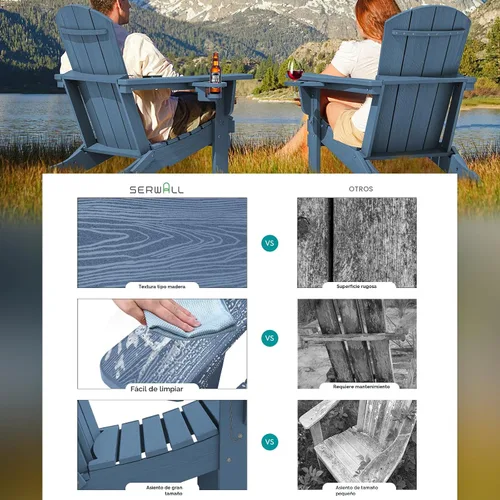 Vista 2 de SERWALL Juego de 4 sillas Adirondack para exteriores con 2 portavasos, plegable, azul