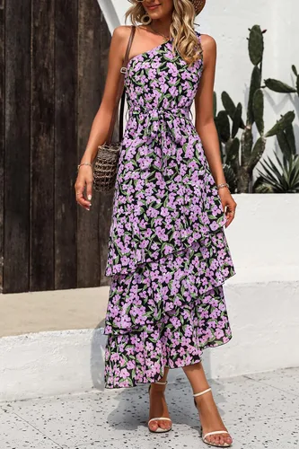 Vista 3 de PRETTYGARDEN Vestido de verano floral para mujer, casual, de un hombro, escalonado, con volantes, a media pierna, vestido bohemio para la playa
