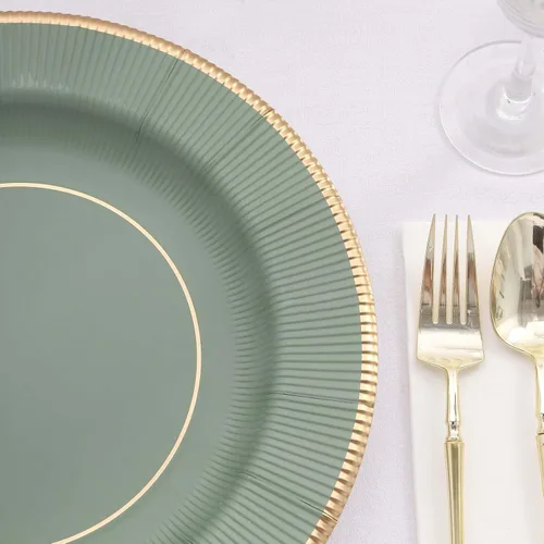 Vista 9 de Efavormart Paquete de 25 Platos Cargadores Desechables Sunray Metallic Sage Green de 13", Bandeja de Servir de Cartón, Redonda - 350 GSM Verde