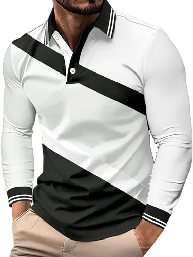 Vista 5 de Camisa polo para hombre, manga larga, cuello abotonado, bloque de color, moda para trabajo y golf