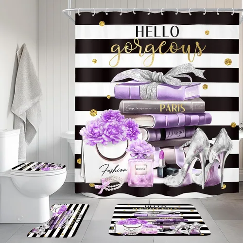 Vista 22 de Juego de cortina de ducha de baño de 4 piezas de perfume de libros de moda A1-rosa Negro Blanco