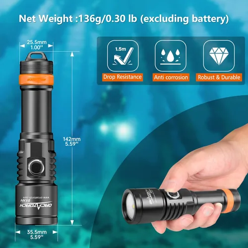 Vista 6 de ORCATORCH D530V 1200 lúmenes luz de video subacuática, haz súper ancho de 120°, 2 modos con indicador de batería, rótula ZJ18, IP68 impermeable Luz