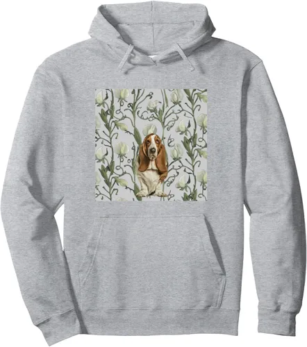 Vista 3 de Basset Hound Dog White Gray Sweet Pea Vintage Flower Pullover Hoodie