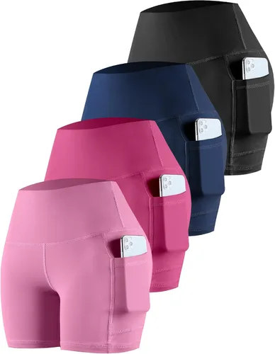 Vista 41 de CHRLEISURE - Pantalones cortos de ciclismo para mujer con bolsillos de licra, cintura alta, con control de abdomen para entrenamiento, yoga