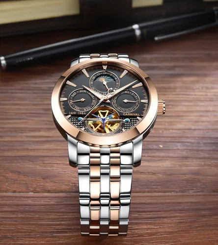 Vista 5 de PASOY Reloj de Hombre Automático Mecánico Tourbillon Acero Inoxidable Stell Fecha Dial Azul Reloj Esqueleto