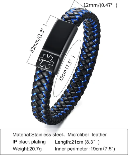 Vista 2 de VNOX Pulsera médica para hombres Pulsera de cuero genuino de acero inoxidable con alerta médica para hombres y mujeres, 8.3 pulgadas