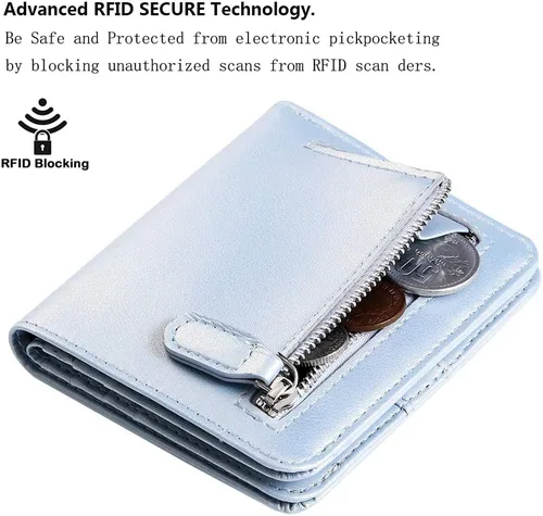 Vista 3 de Funtor Cartera de cuero para mujer, pequeña y compacta, con bolsillo doble, bloqueo RFID, para mujer