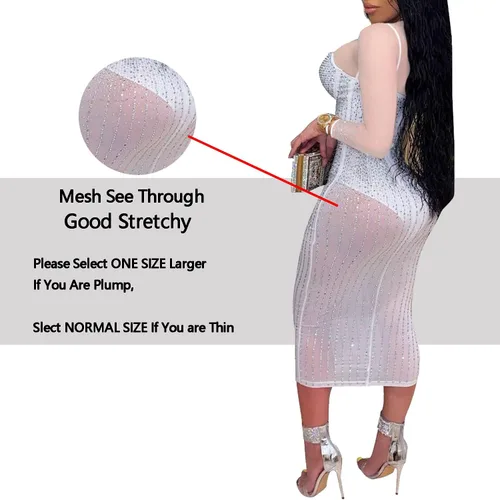 Vista 2 de PORRCEY - Vestido de noche sexy con manga larga y diamantes de imitación para mujer, fiestas y discotecas