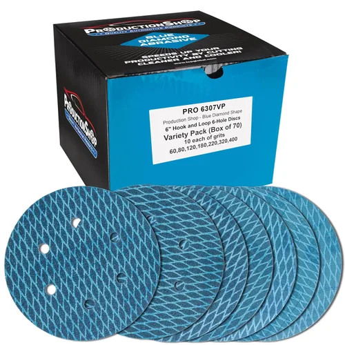 Vista 11 de ProductionShop Premium - Discos de lijado azules con forma de rombo de grano 80 de 6 pulgadas, 6 agujeros, caja de 50 – Papel de lija sin polvo