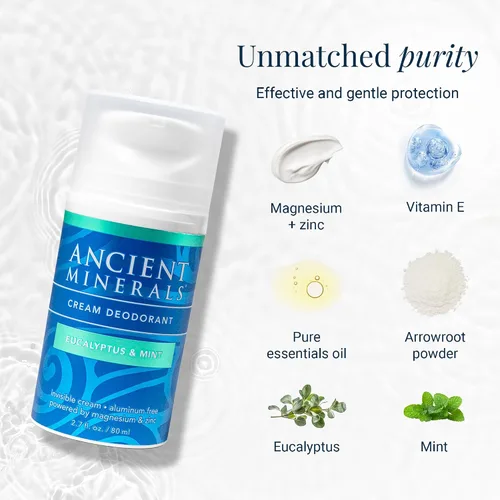 Vista 7 de Ancient Minerals Crema desodorante natural, aroma a eucalipto y menta, sin aluminio, desodorante vegano para mujeres y hombres con magnesio, zinc