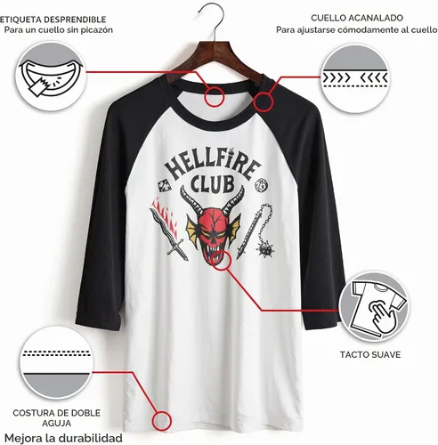 Vista 8 de Stranger Things Hellfire Club Raglan - Camiseta de béisbol para hombre, ajuste estándar