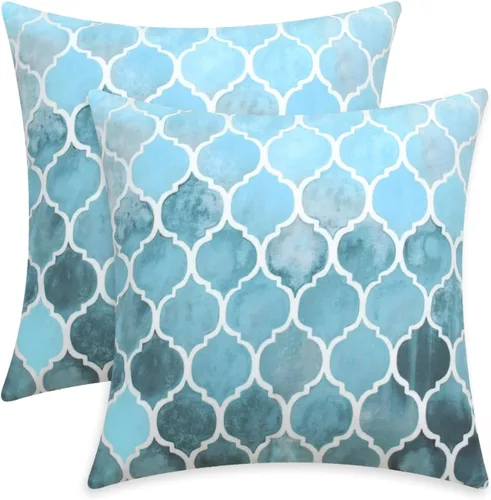Vista 24 de CaliTime - Juego de 2 fundas de almohada pintadas a mano con cadena de enrejado colorida. Pack of 2 Cozy Colorful Geometric Trellis Chain Cushion