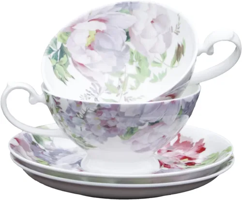 Vista 5 de Gracie Bone - Tazas y platillos de niebla de peonía de porcelana (morado)