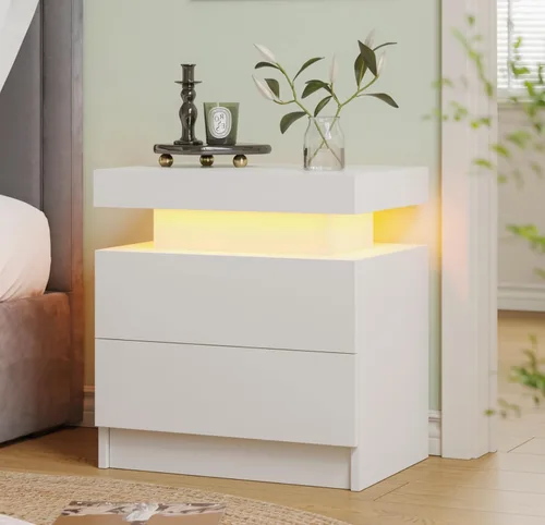 Vista 9 de Mesita de noche LED negra moderna con 2 cajones para mesa auxiliar de dormitorio