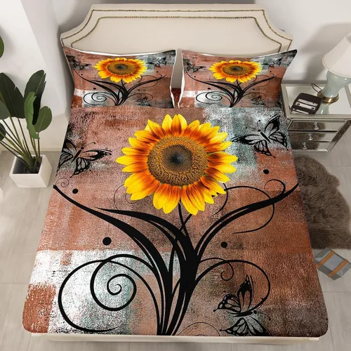 Vista 17 de Erosebridal Juego de ropa de cama rústica de tamaño individual, diseño de mariposa y girasol, para niños, adolescentes, adultos, retro, grunge