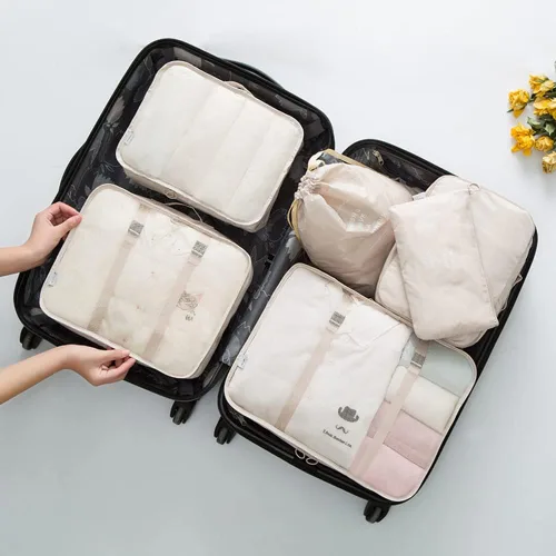 Vista 5 de Fxkoolr Juego de 6 cubos de embalaje organizadores de equipaje para viajes beige