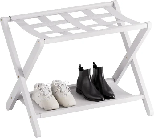 Vista 10 de HITNET Portaequipajes para habitación de invitados, soporte de maleta plegable, soporte de equipaje de hotel de bambú con estante de almacenamiento
