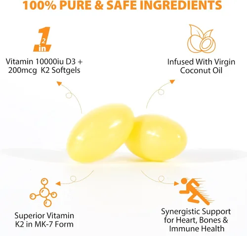 Vista 3 de flasture Suplemento de Vitamina D3 K2 en Cápsulas Blandas, 10000 UI de VIT D3 + 200 MCG de K2 (MK-7) Fórmula 2-en-1 para Reposición con Aceite