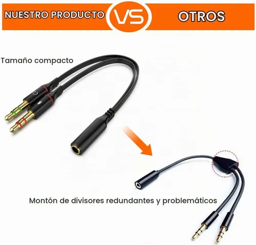 Vista 8 de Audífonos y micrófono Maeline bañado en oro de 3.5 mm hembra a 2 macho y Splitter de cable plano