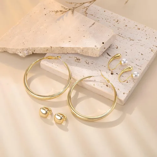 Vista 6 de FANZE 3Pairs 14K Gold Plated Earrings Set, Hoop Earrings, Dangle Huggie Earrings Lightweight, Jewelry Gift Women Girls