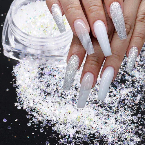 Vista 6 de Kits de arte de uñas holográficas, 6 cajas 3D con purpurina metálica brillante en copos acrílicos en polvo y lentejuelas para decoración holográfica