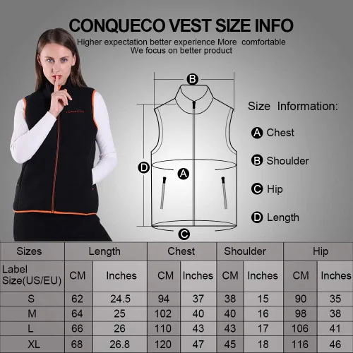 Vista 4 de CONQUECO Chaleco calefactable, chaleco térmico ligero para mujer con batería