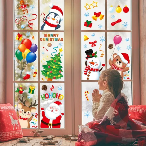 Vista 4 de Adhesivos de ventana de Navidad, 9 hojas de calcomanías de ventana de Navidad, Papá Noel, muñeco de nieve, reno, copo de nieve de Navidad