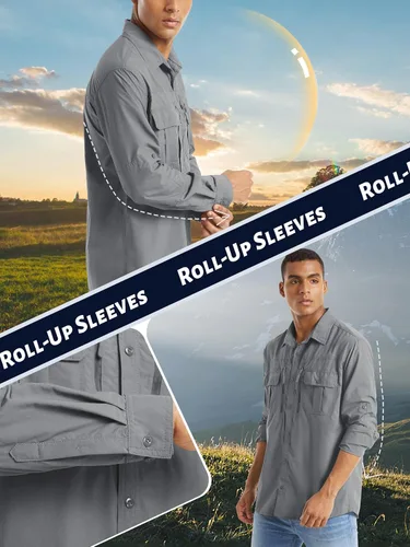 Vista 4 de TACVASEN Camisa de pesca para hombre, camisa de manga larga de secado rápido, camisa táctica con botones, camisa de trabajo ligera safari