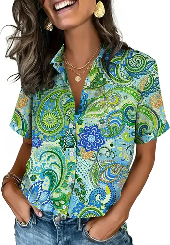 Vista 17 de Zeagoo Camisas con botones para mujer, de manga corta, cuello en V, elegantes y casuales