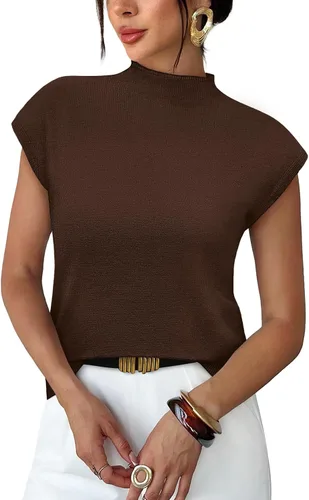 Vista 29 de Sampeel Suéter de manga corta para mujer, cuello alto, para verano, elegante, informal, básico, de punto