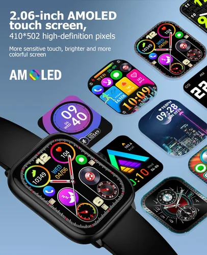 Vista 2 de Black Smart Watch for Men Women, Bluetooth Call, 2.06" HD AMOLED Fitness Tracker, 118 Sports Modes, Blood Pressure/Heart Rate/SpO2/Sleep Monitor